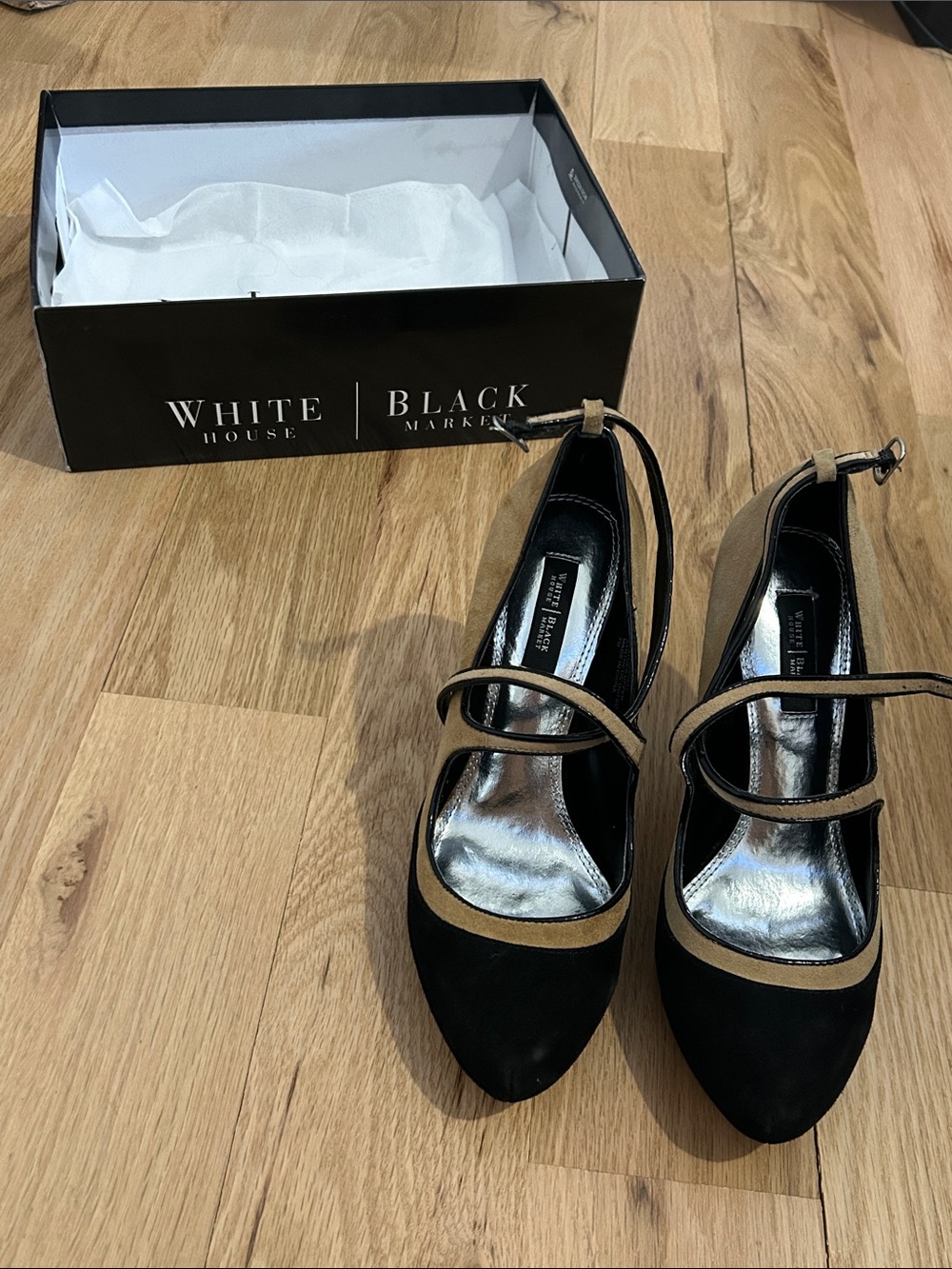 White House Black Market Black and Tan Suede Strap Pumps